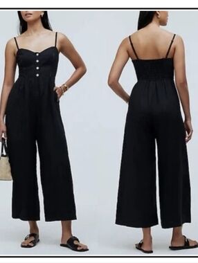 Madewell Black Spaghetti-Strap Wide Leg Linen Jumpsuit Women's Size 4